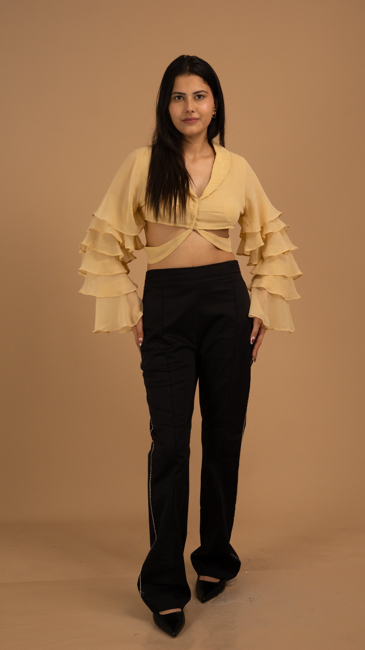 Golden Cascade Net & Crepe Luxe Co-ord Set