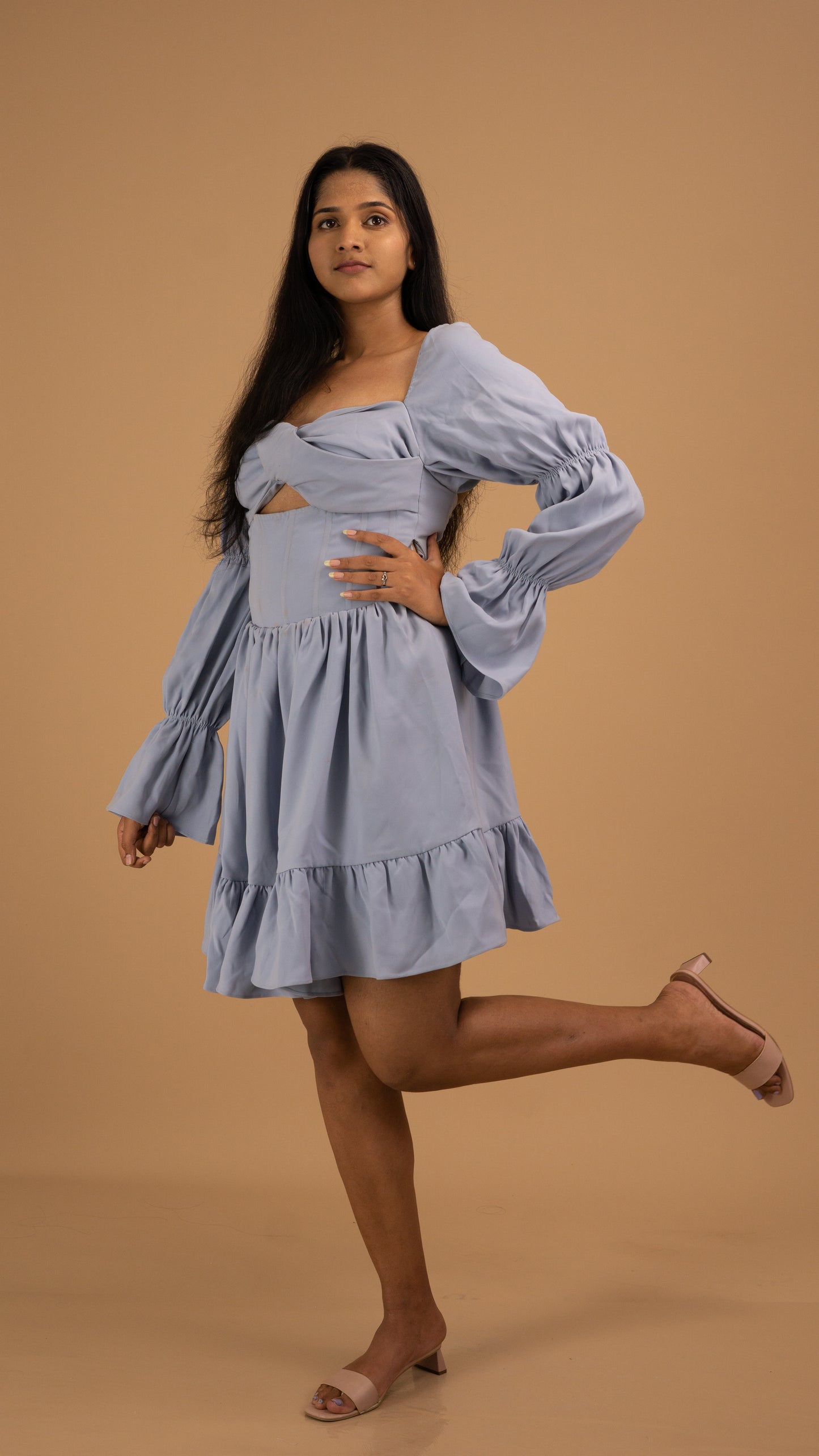 lavender-blue puff sleeves dress