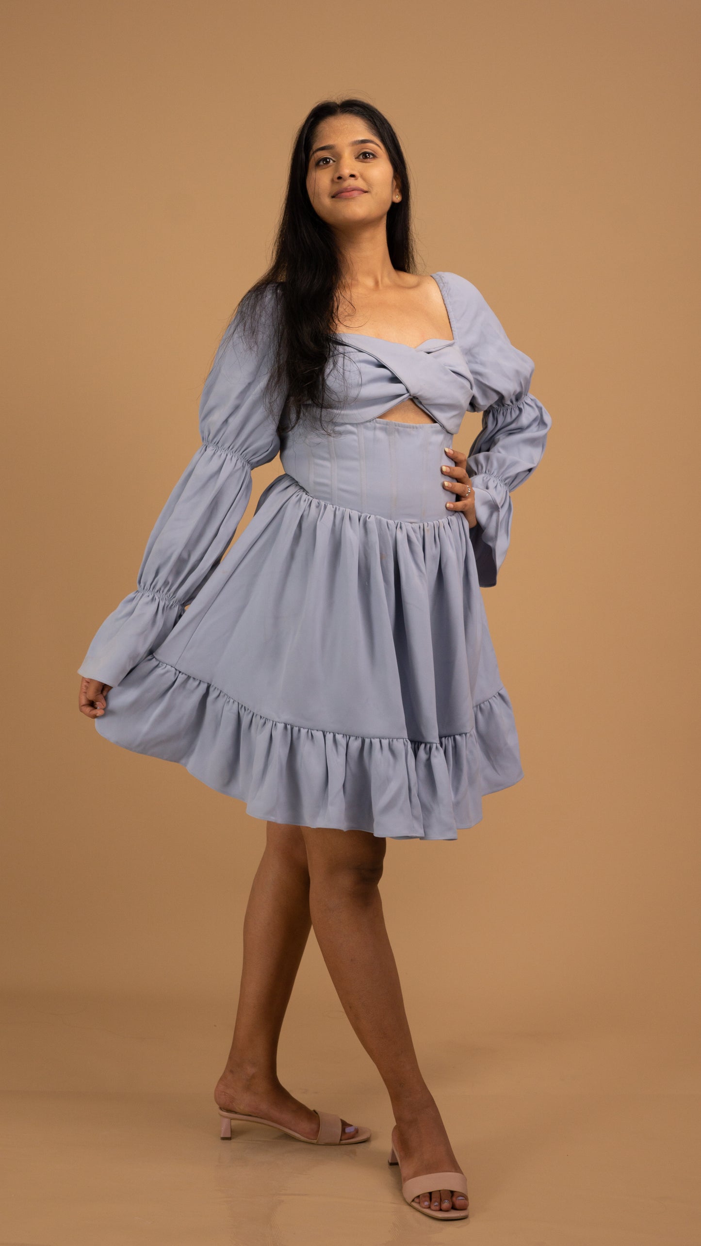 lavender-blue puff sleeves dress