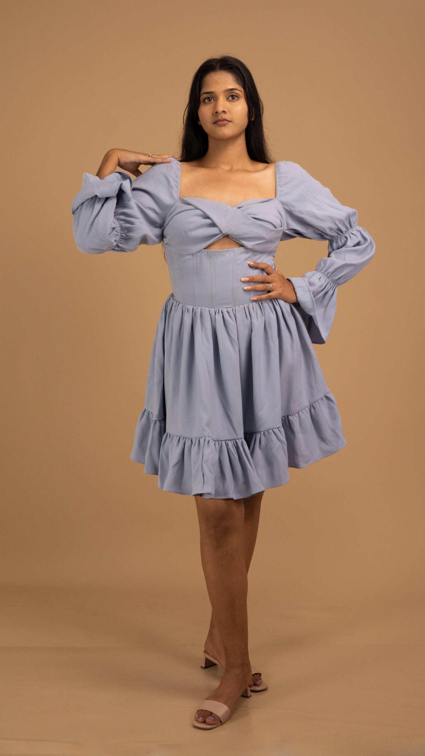 lavender-blue puff sleeves dress