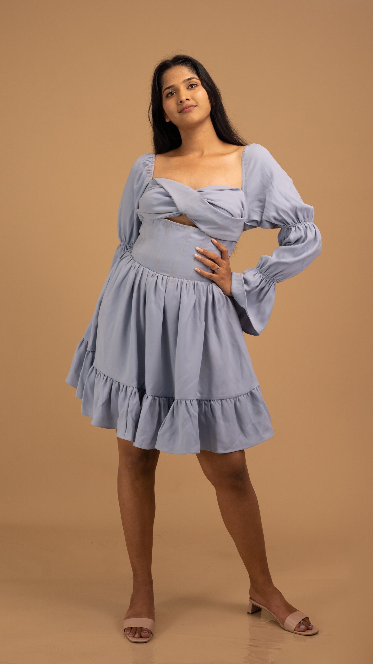 lavender-blue puff sleeves dress