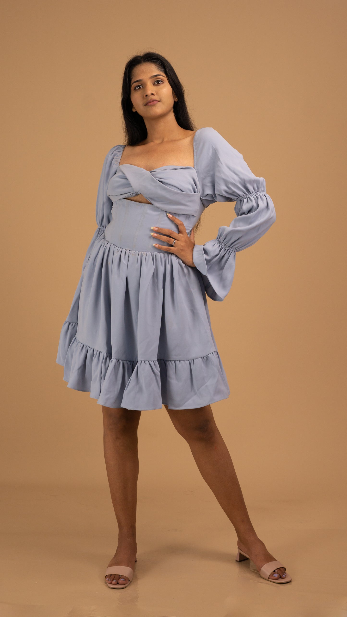 lavender-blue puff sleeves dress