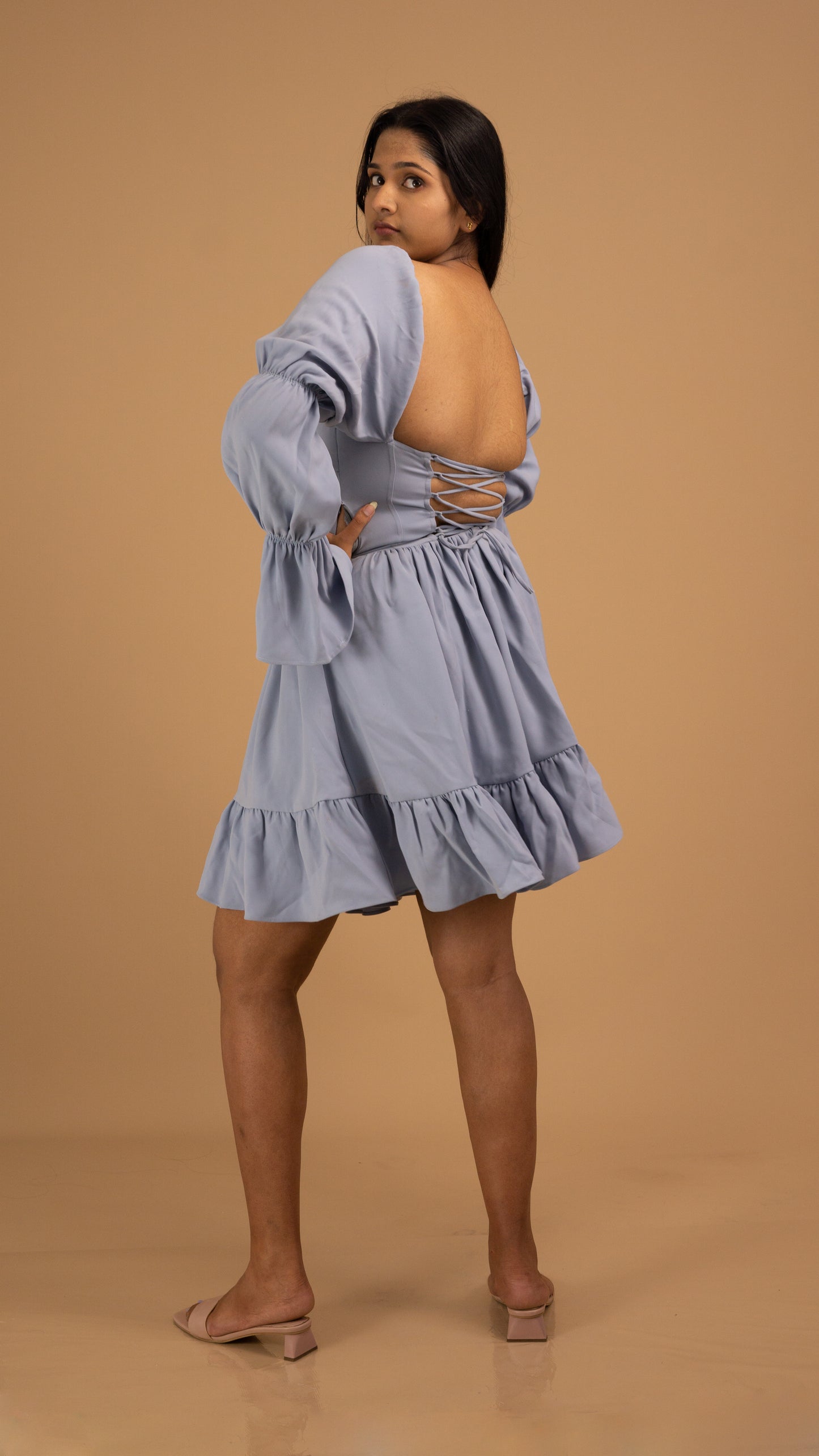 lavender-blue puff sleeves dress