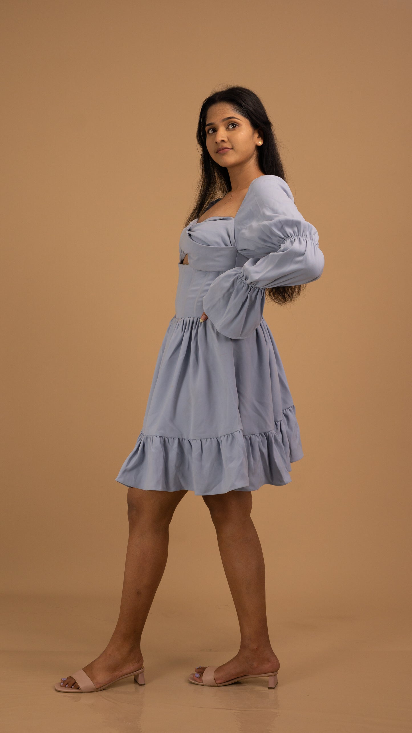 lavender-blue puff sleeves dress