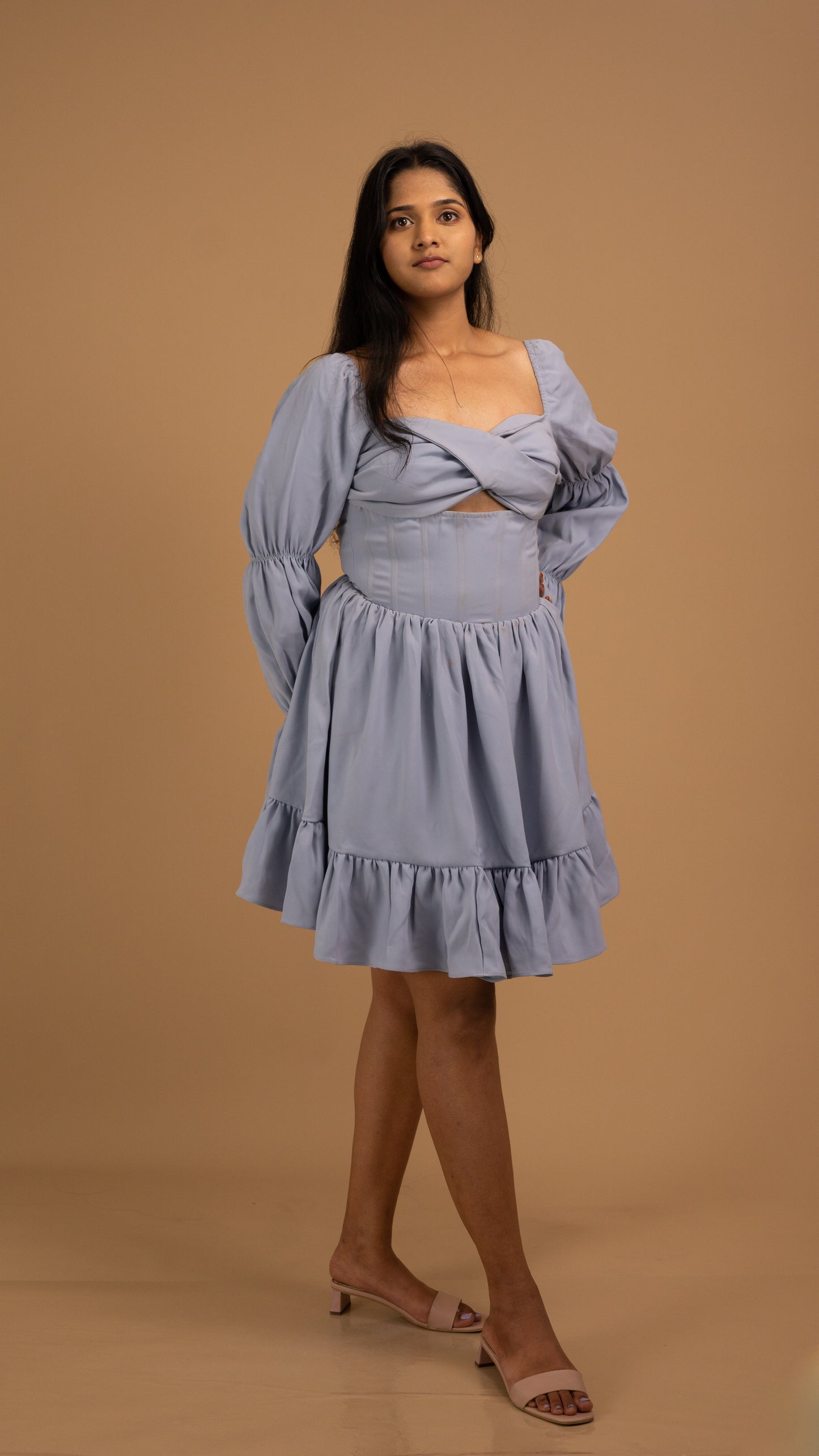 lavender-blue puff sleeves dress