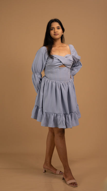 lavender-blue puff sleeves dress
