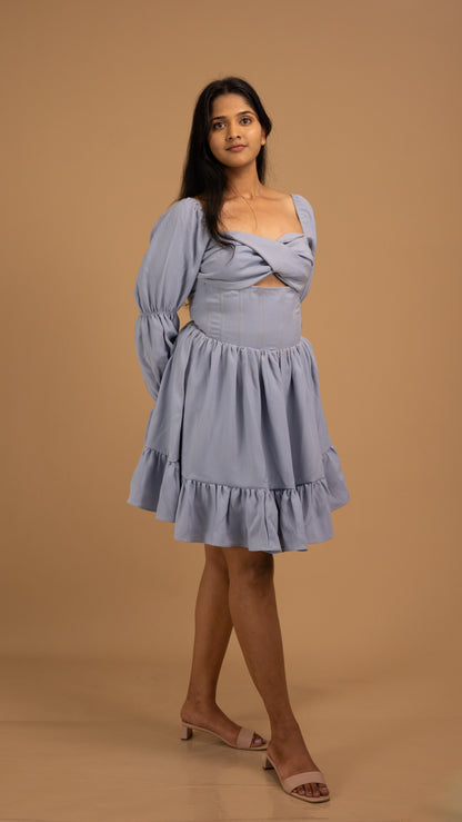lavender-blue puff sleeves dress