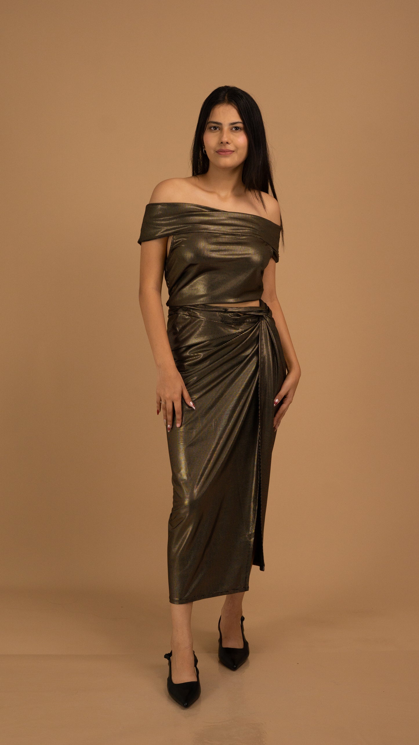 Golden Hour Off-Shoulder Drape Dress