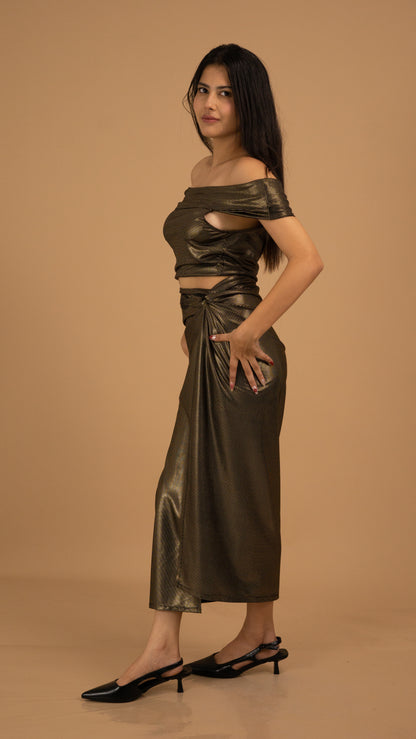 Golden Hour Off-Shoulder Drape Dress