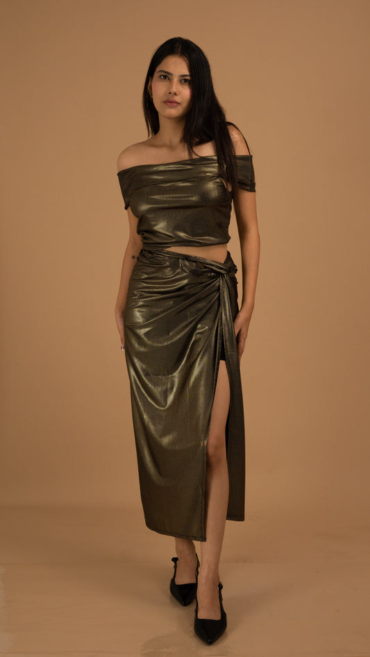 Golden Hour Off-Shoulder Drape Dress