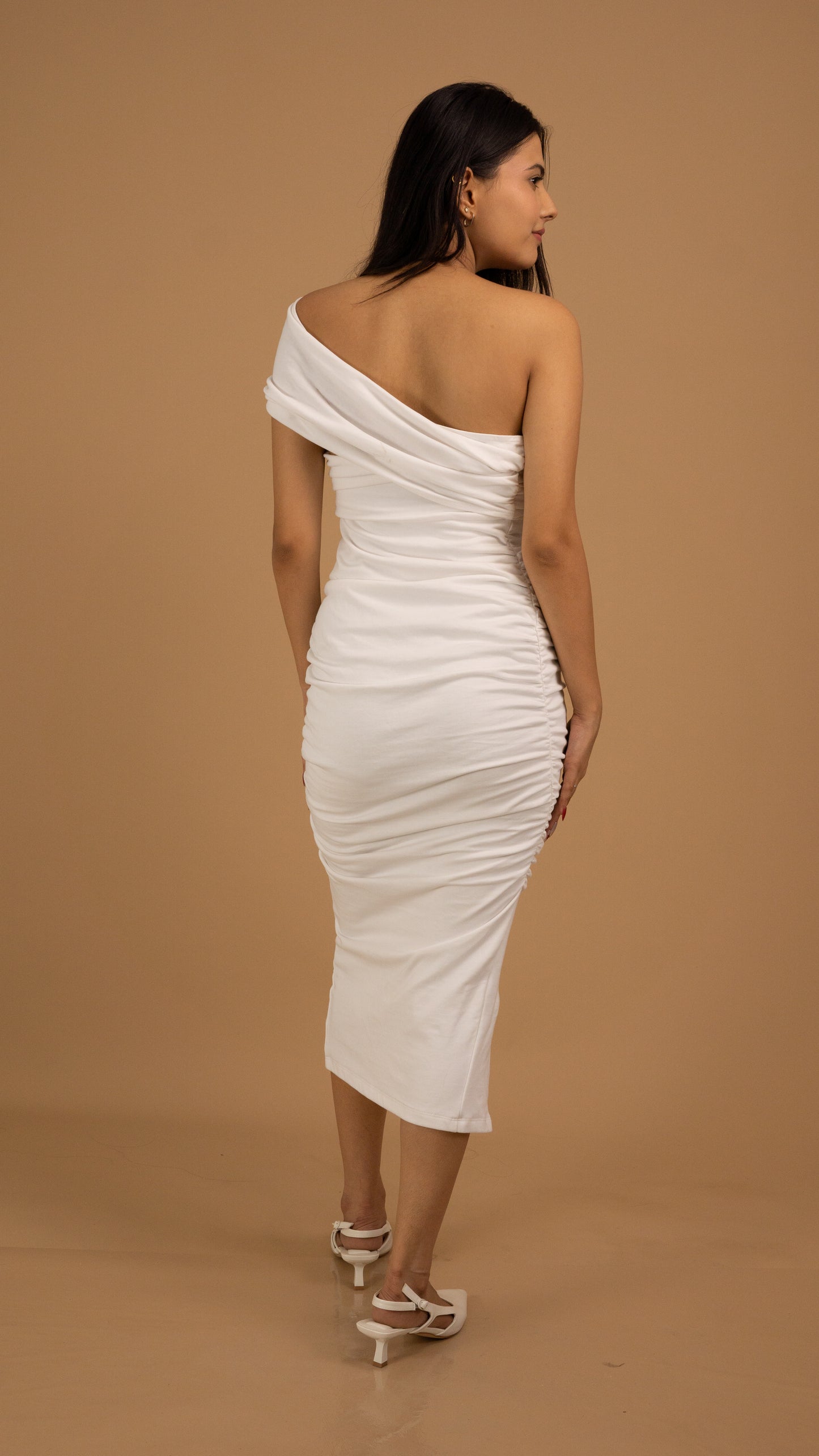 White Ruched One-Shoulder Cotton Midi Dress