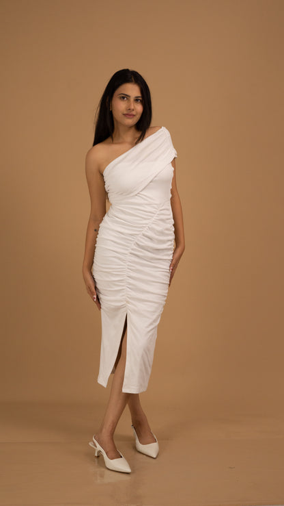 White Ruched One-Shoulder Cotton Midi Dress