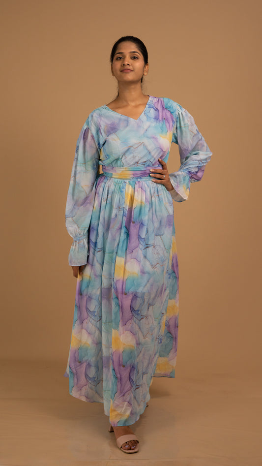 Celestial Watercolor Net Maxi Dress