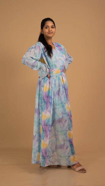 Celestial Watercolor Net Maxi Dress