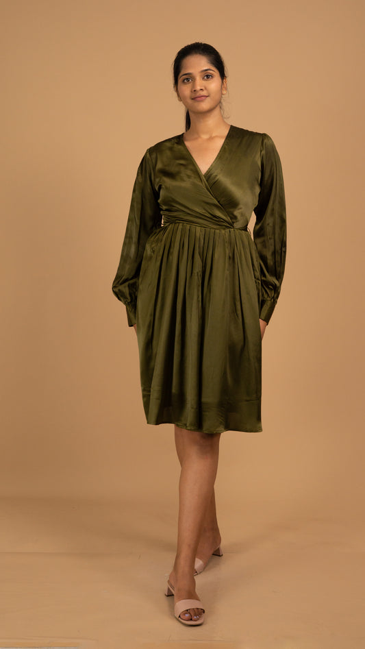 Emerald Whisper Satin Wrap Dress