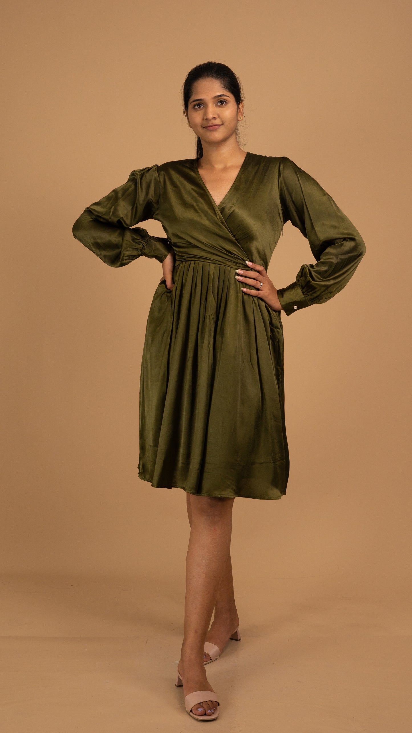 Emerald Whisper Satin Wrap Dress