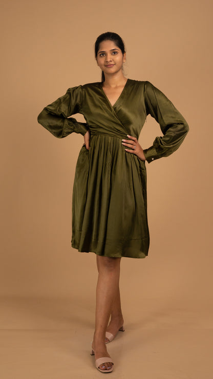 Emerald Whisper Satin Wrap Dress