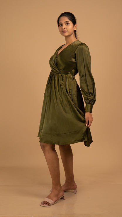 Emerald Whisper Satin Wrap Dress