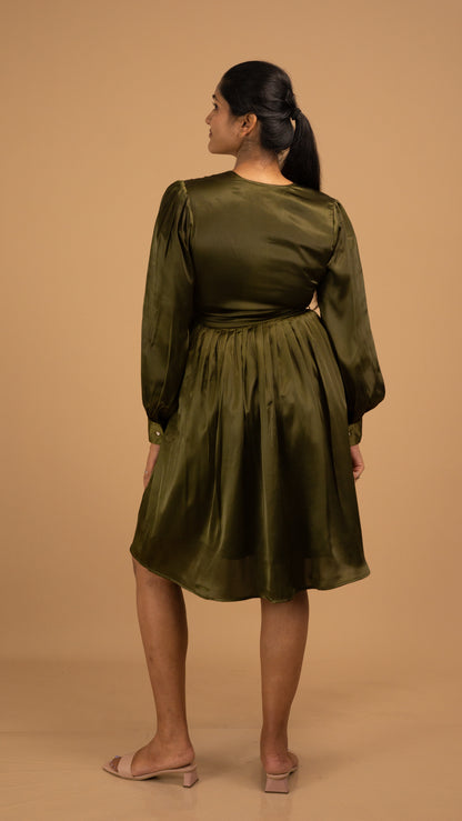 Emerald Whisper Satin Wrap Dress