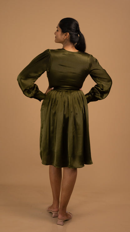 Emerald Whisper Satin Wrap Dress