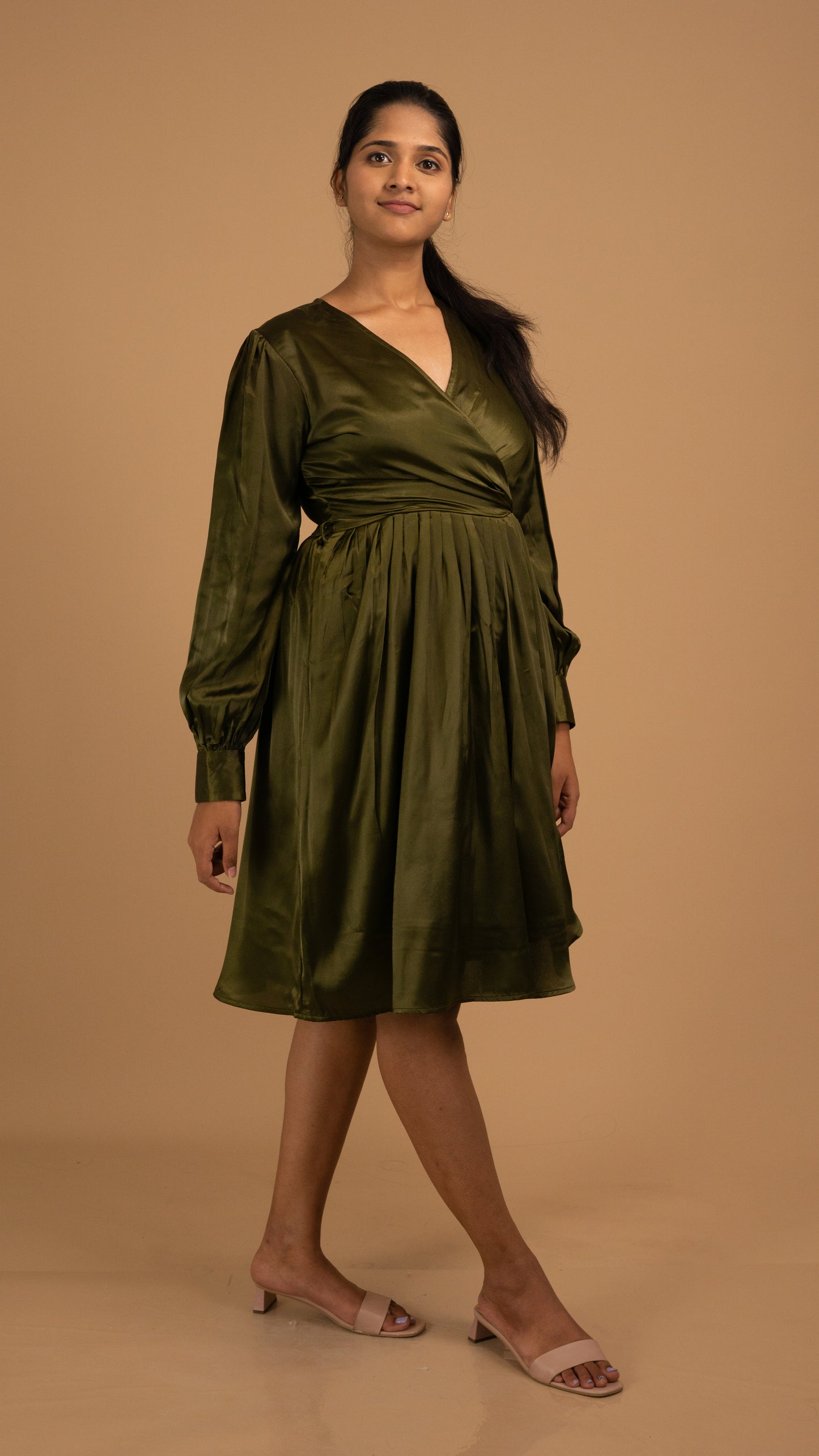 Emerald Whisper Satin Wrap Dress