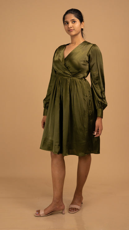 Emerald Whisper Satin Wrap Dress