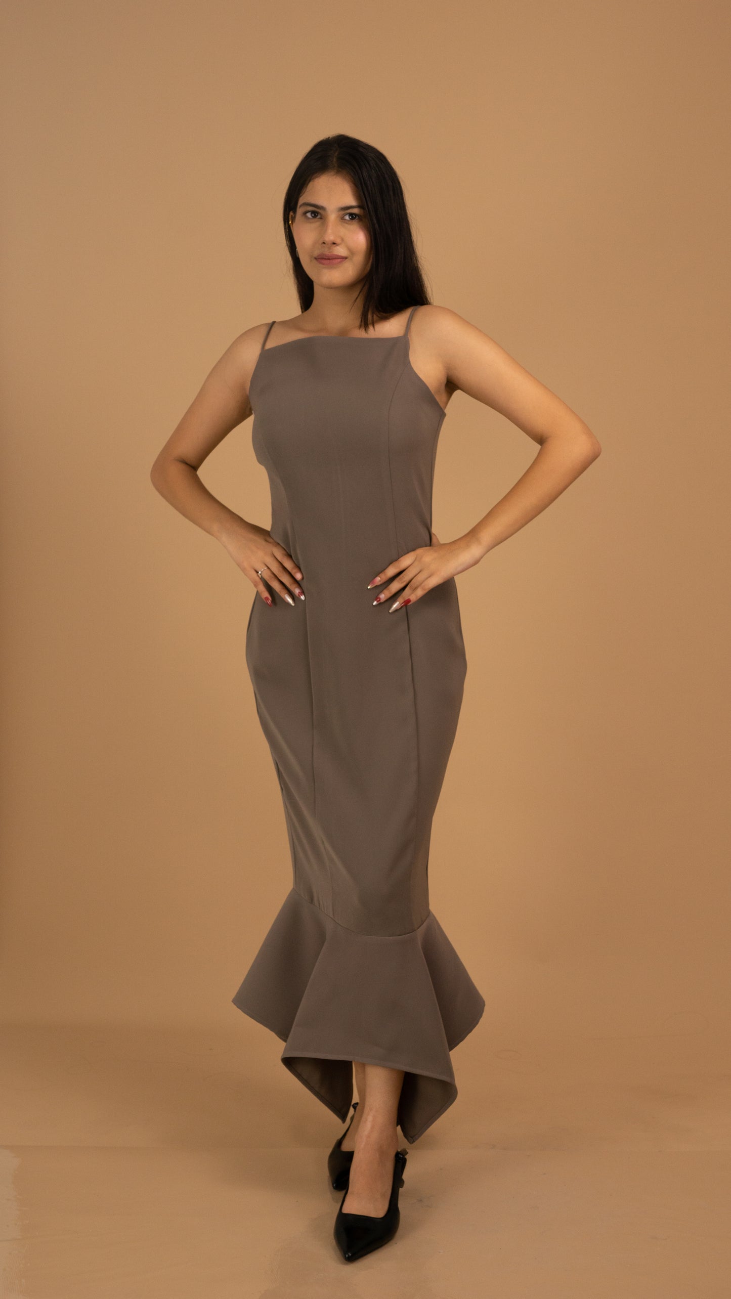 Mocha Grace Asymmetrical Crepe Gown