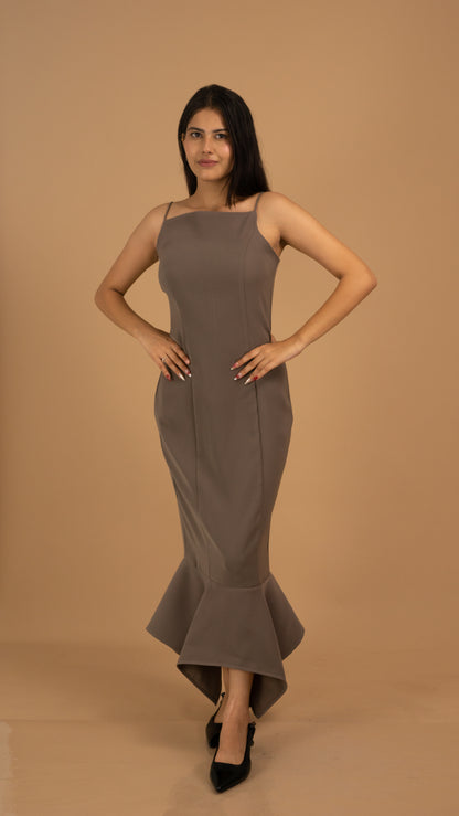 Mocha Grace Asymmetrical Crepe Gown