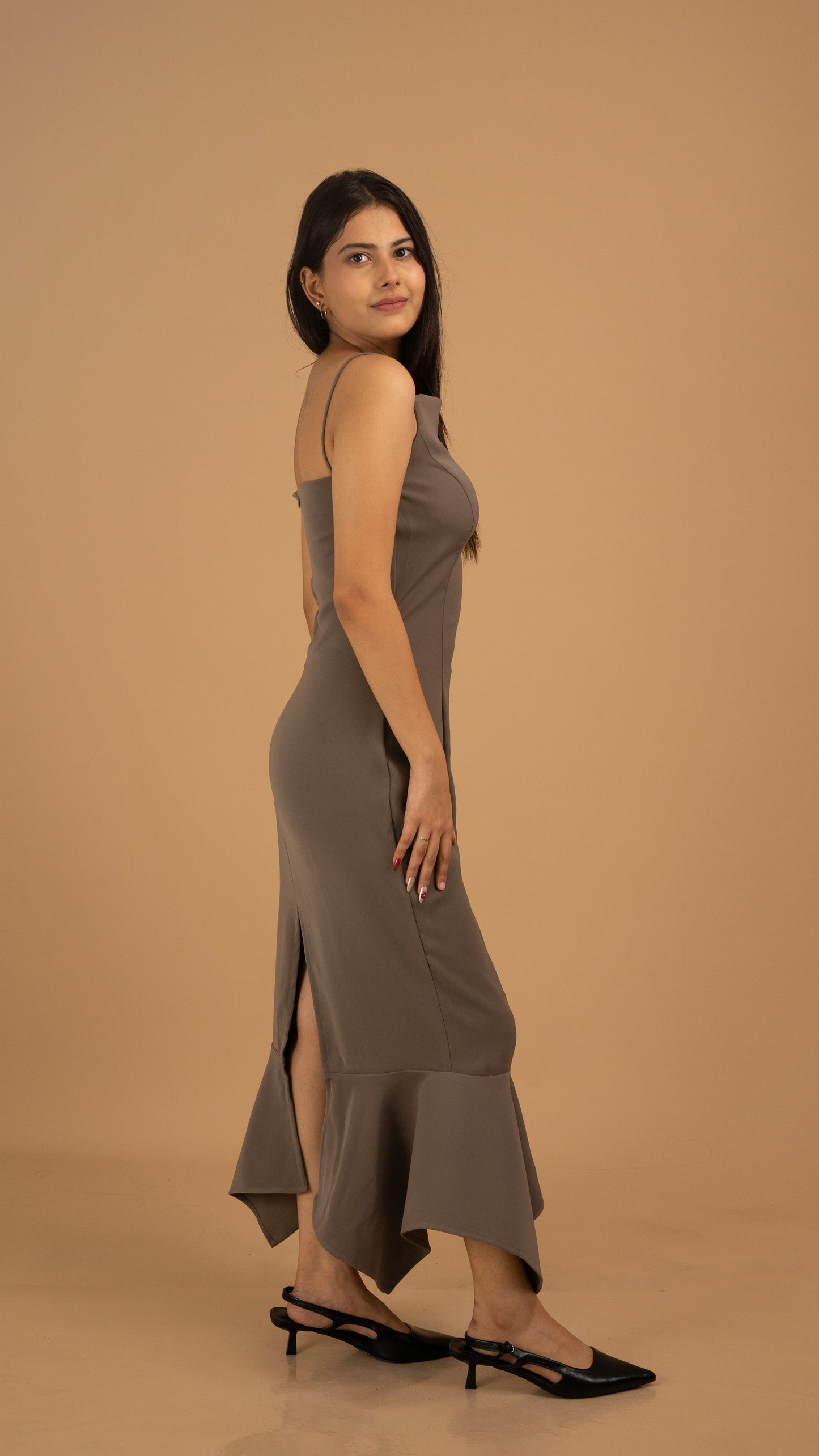 Mocha Grace Asymmetrical Crepe Gown