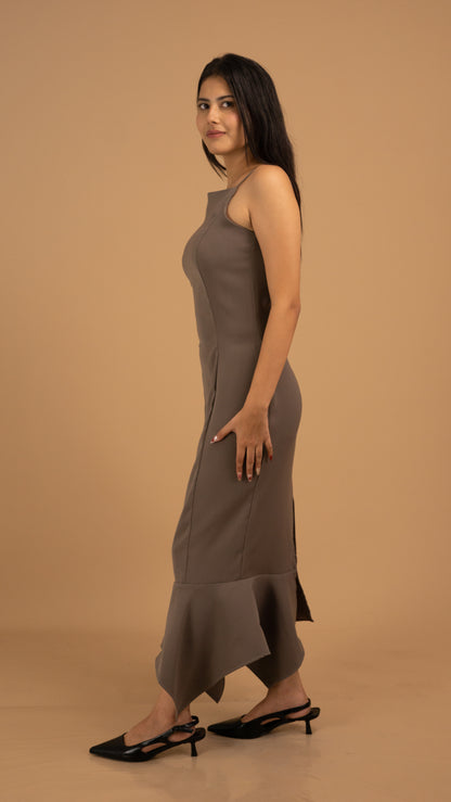 Mocha Grace Asymmetrical Crepe Gown