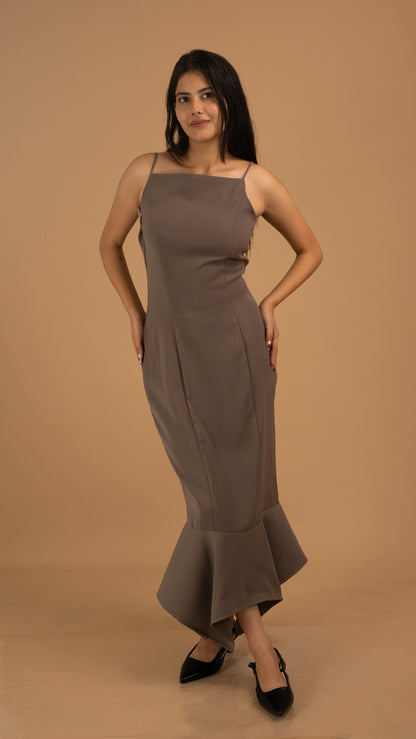 Mocha Grace Asymmetrical Crepe Gown