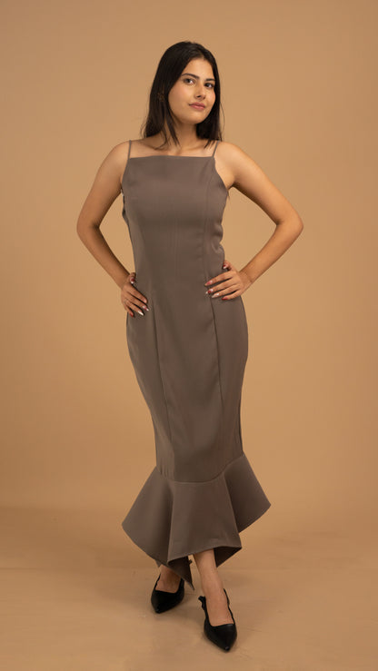 Mocha Grace Asymmetrical Crepe Gown