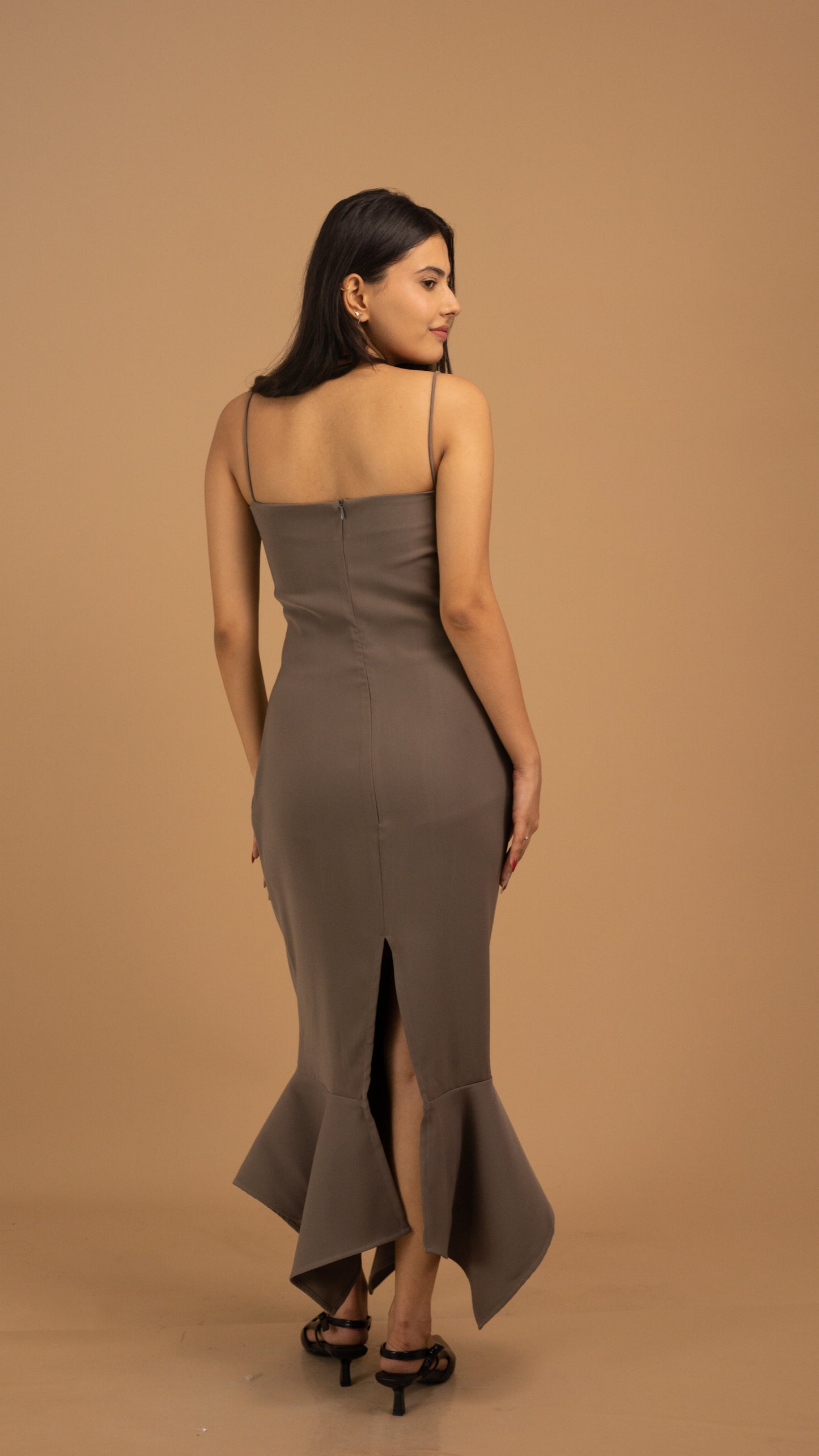 Mocha Grace Asymmetrical Crepe Gown