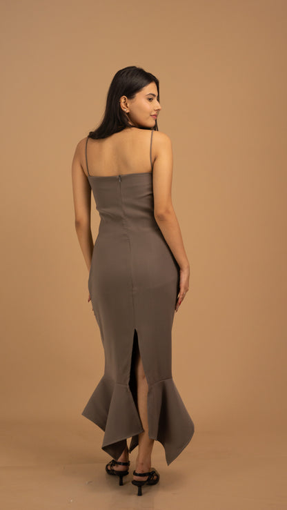 Mocha Grace Asymmetrical Crepe Gown