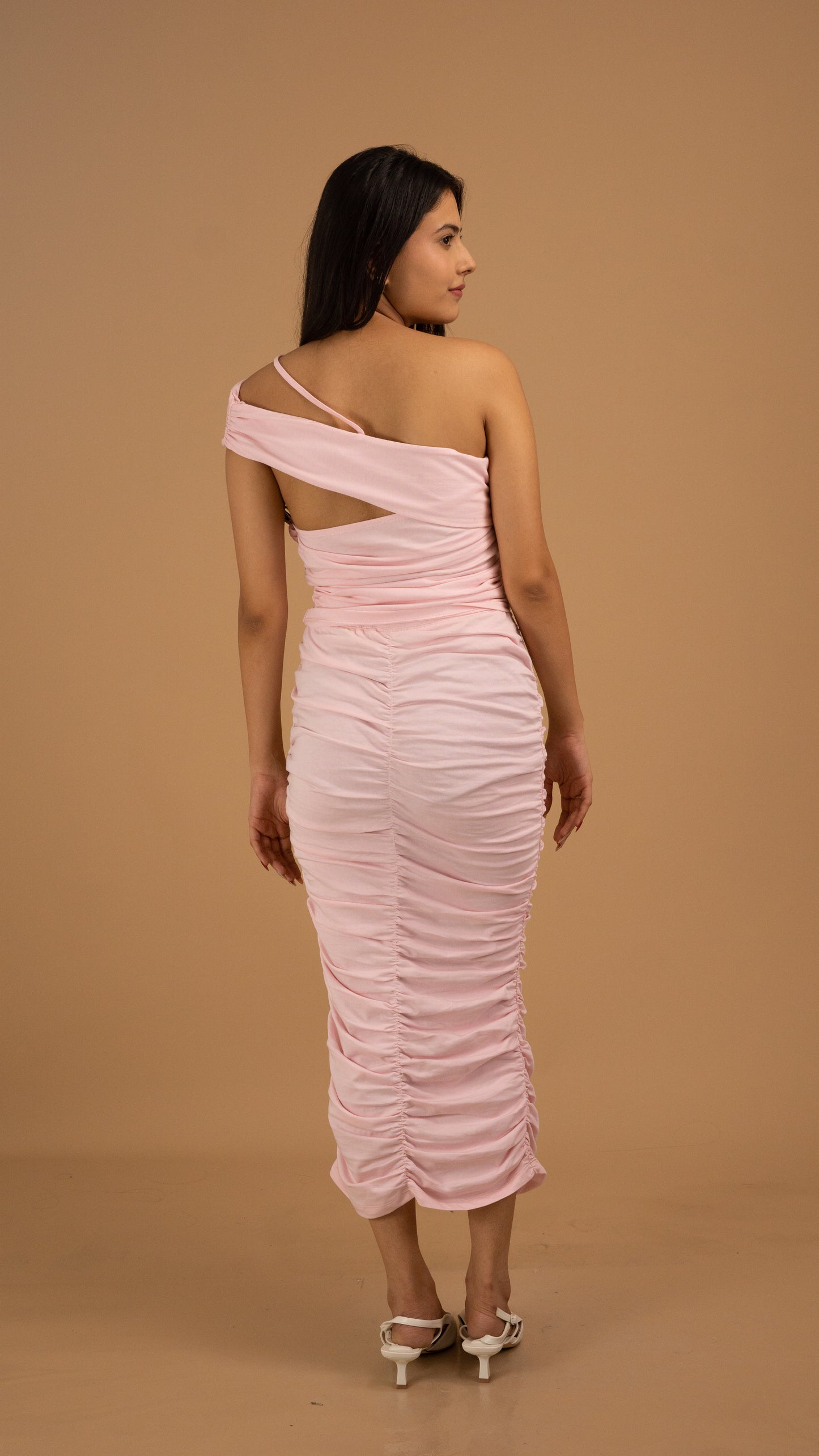 Blush Harmony Ruched One-Shoulder midi Dress