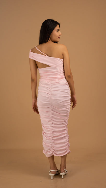 Blush Harmony Ruched One-Shoulder midi Dress