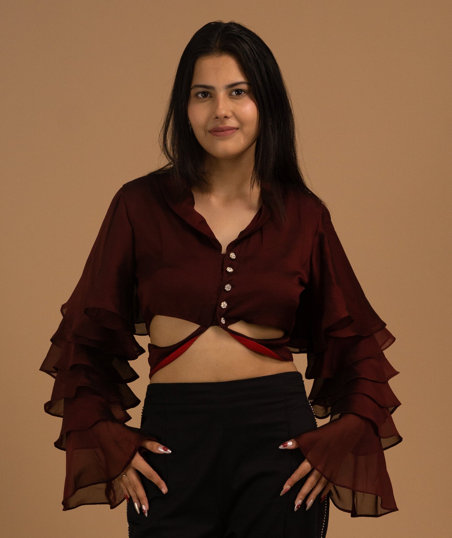 The Bordeaux Rhapsody Ruffle Blouse