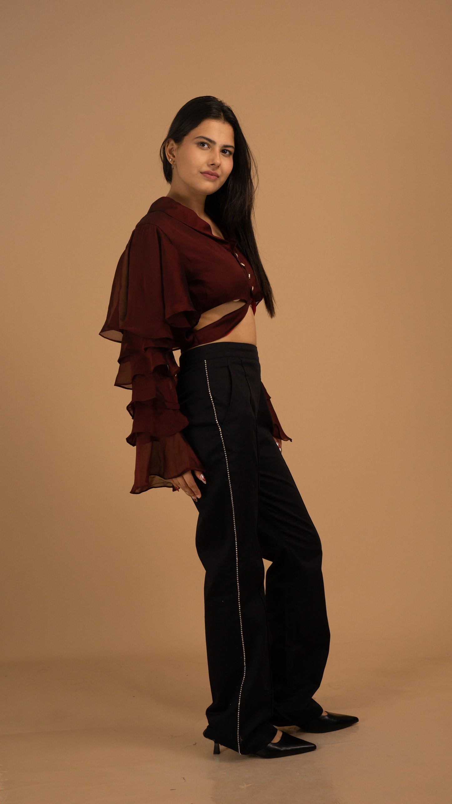 The Bordeaux Rhapsody Ruffle Blouse