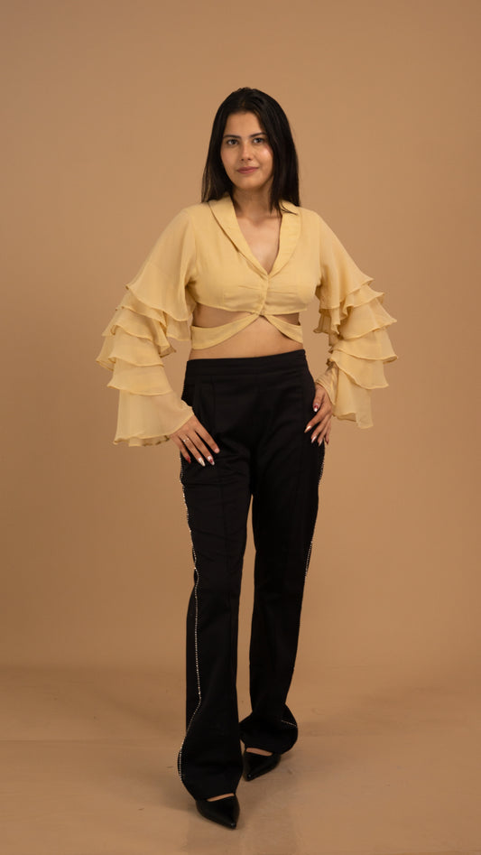 Golden Cascade Net & Crepe Luxe Co-ord Set