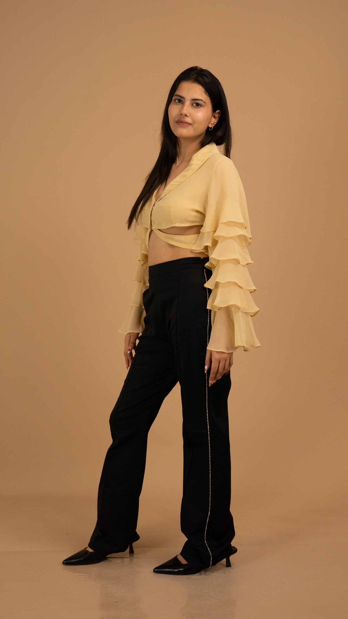 Golden Cascade Net & Crepe Luxe Co-ord Set