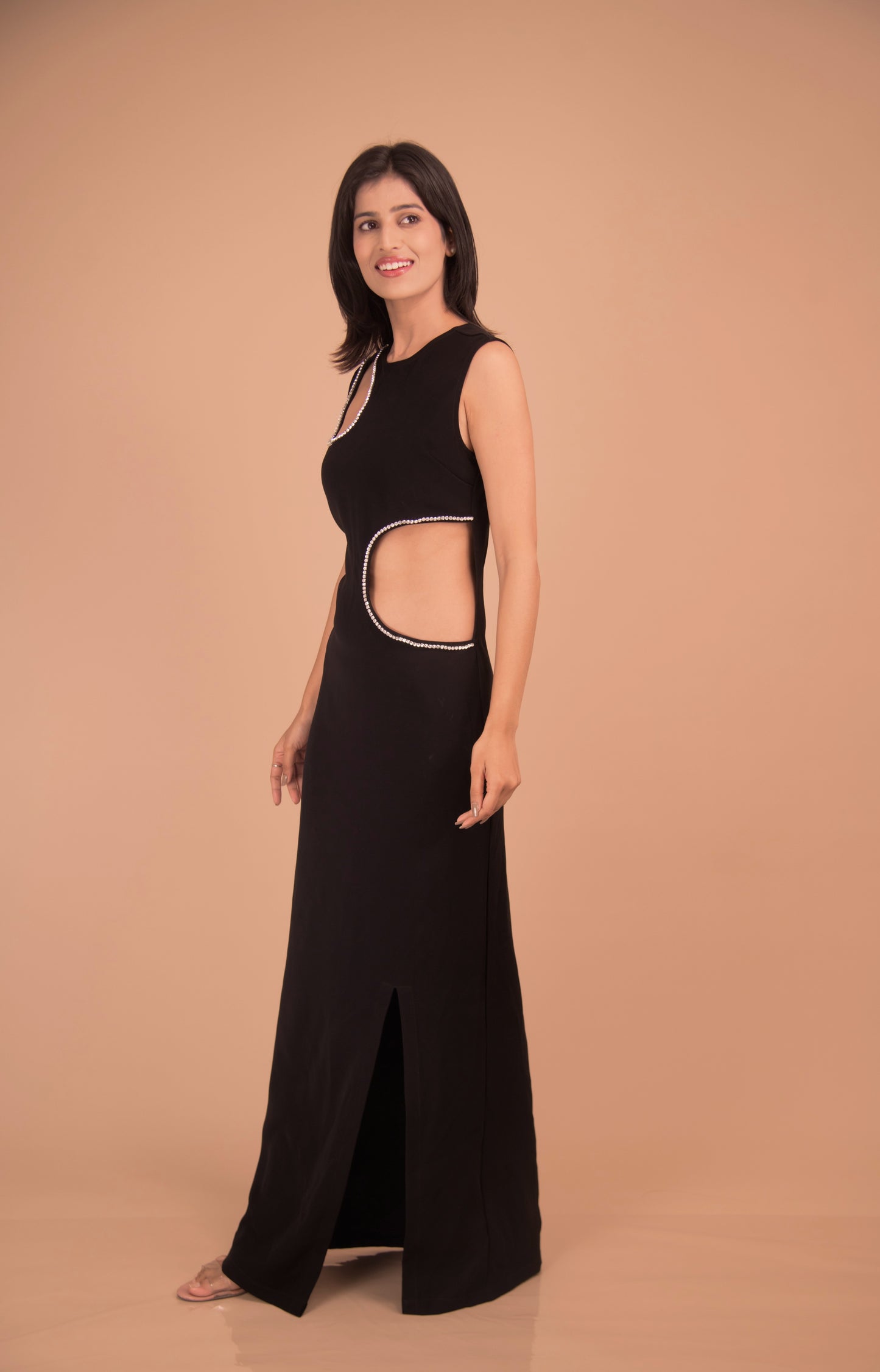 Noir Éclat Crystal-Trim Maxi Dress