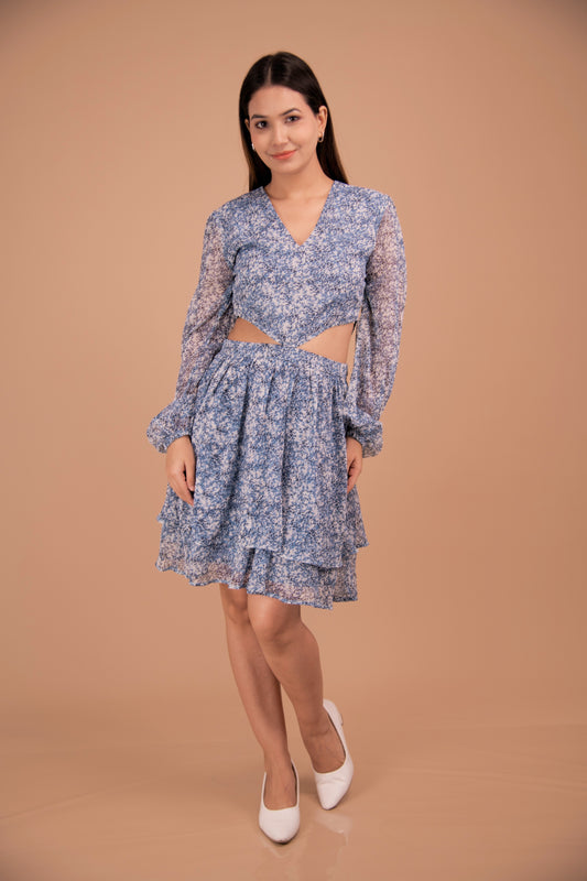 Azure Bloom — Cutout Tiered Chiffon Dress
