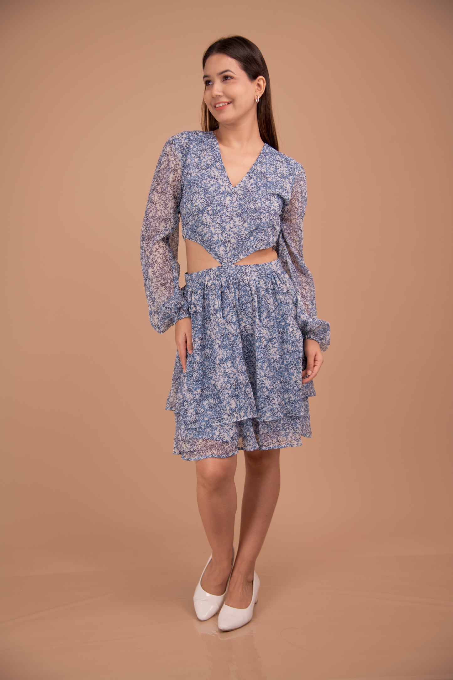 Azure Bloom — Cutout Tiered Chiffon Dress