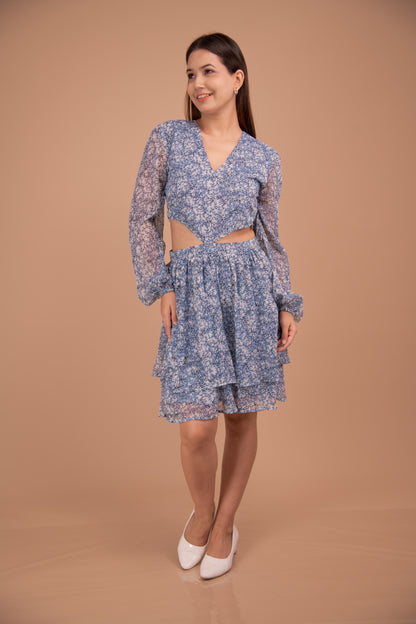 Azure Bloom — Cutout Tiered Chiffon Dress