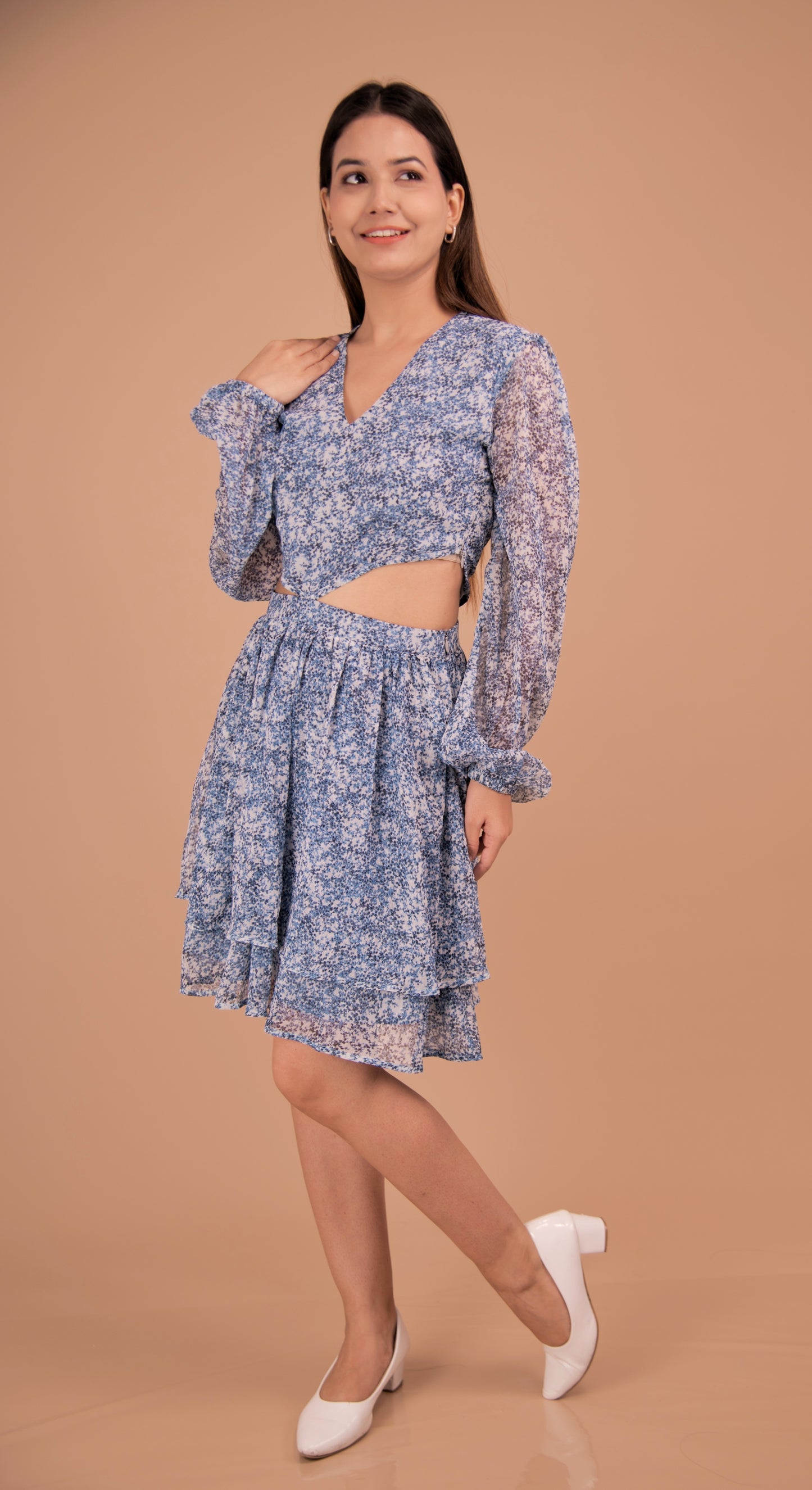 Azure Bloom — Cutout Tiered Chiffon Dress