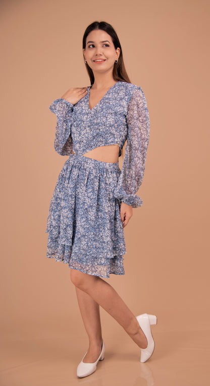 Azure Bloom — Cutout Tiered Chiffon Dress