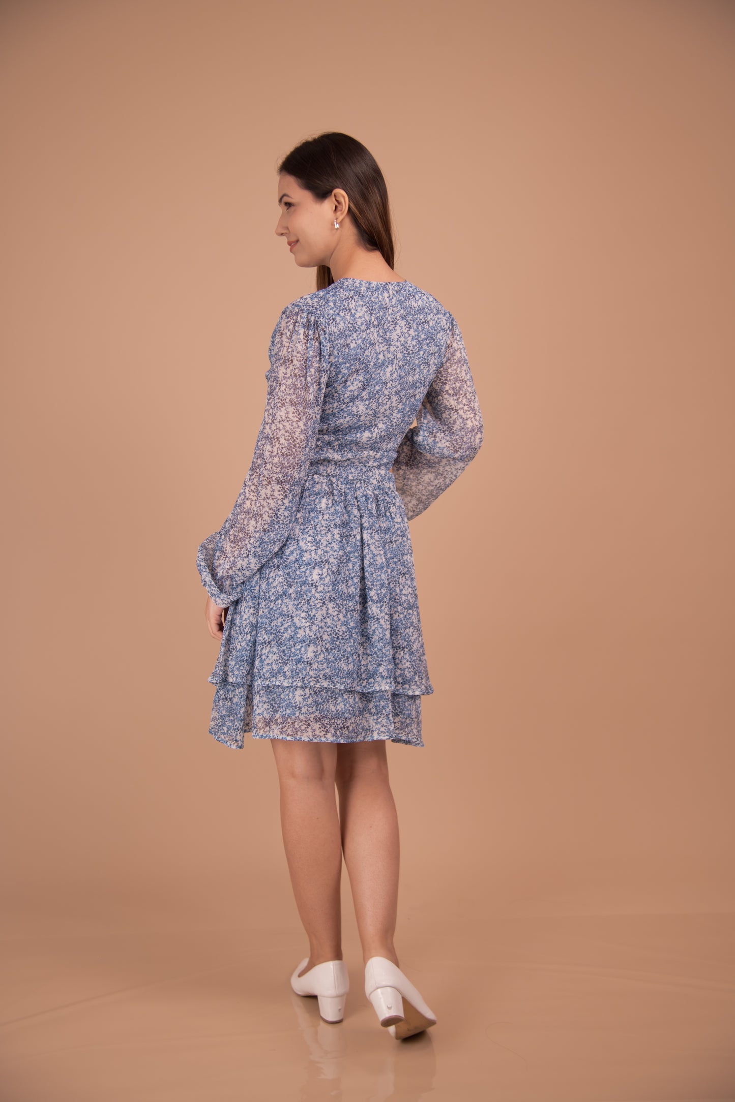 Azure Bloom — Cutout Tiered Chiffon Dress