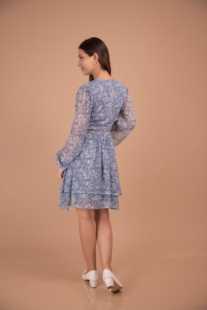 Azure Bloom — Cutout Tiered Chiffon Dress