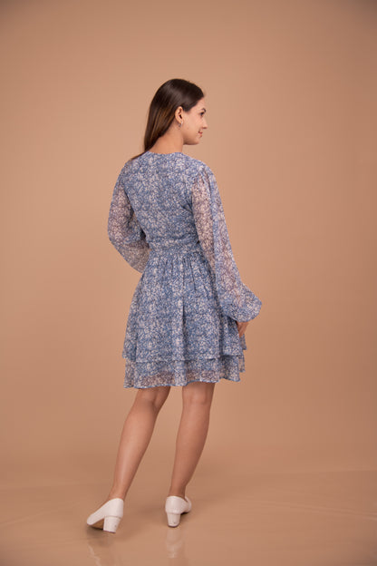 Azure Bloom — Cutout Tiered Chiffon Dress