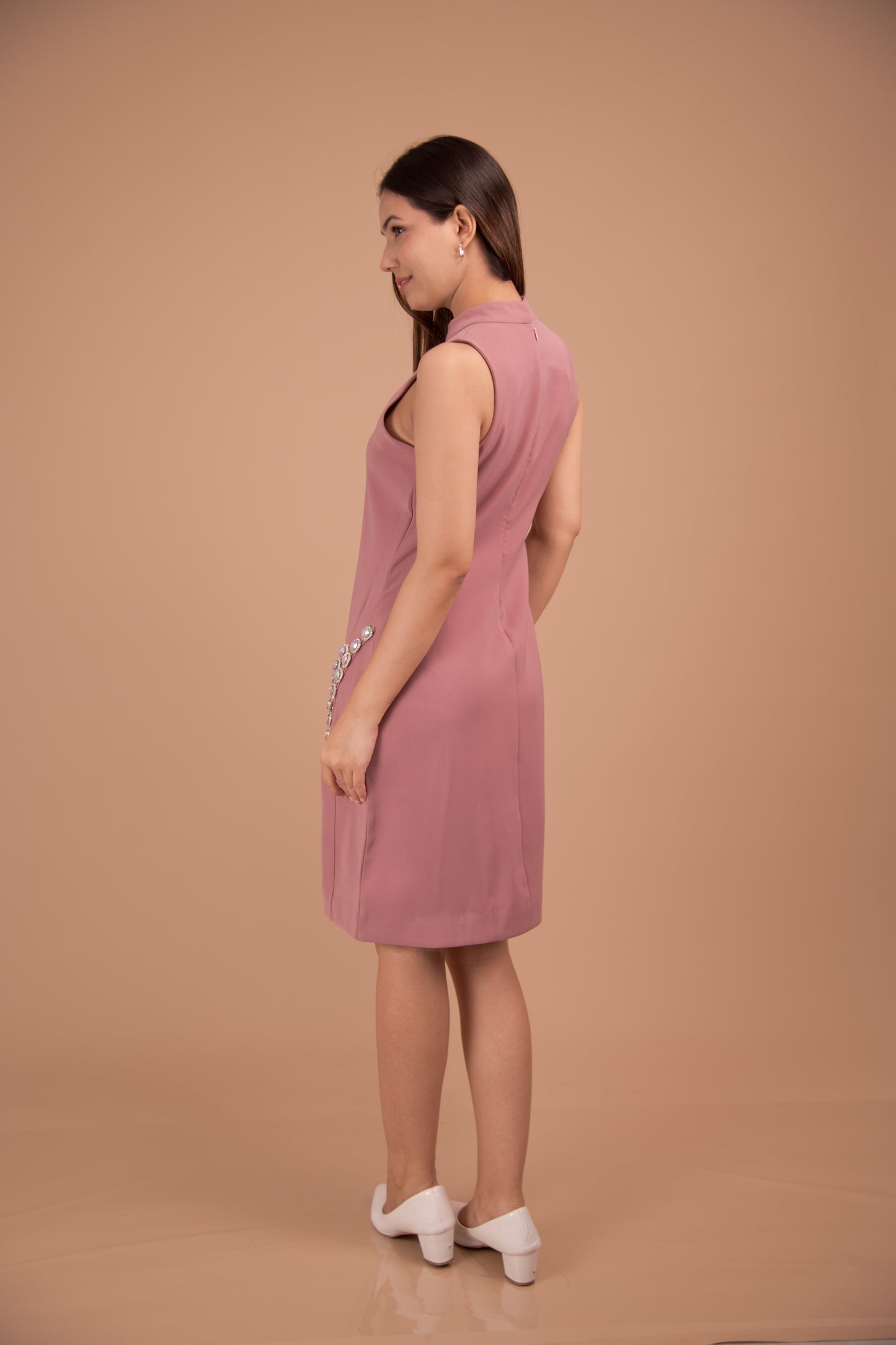 Blush Enchant — Crystal-Trimmed Side-Slit Dress